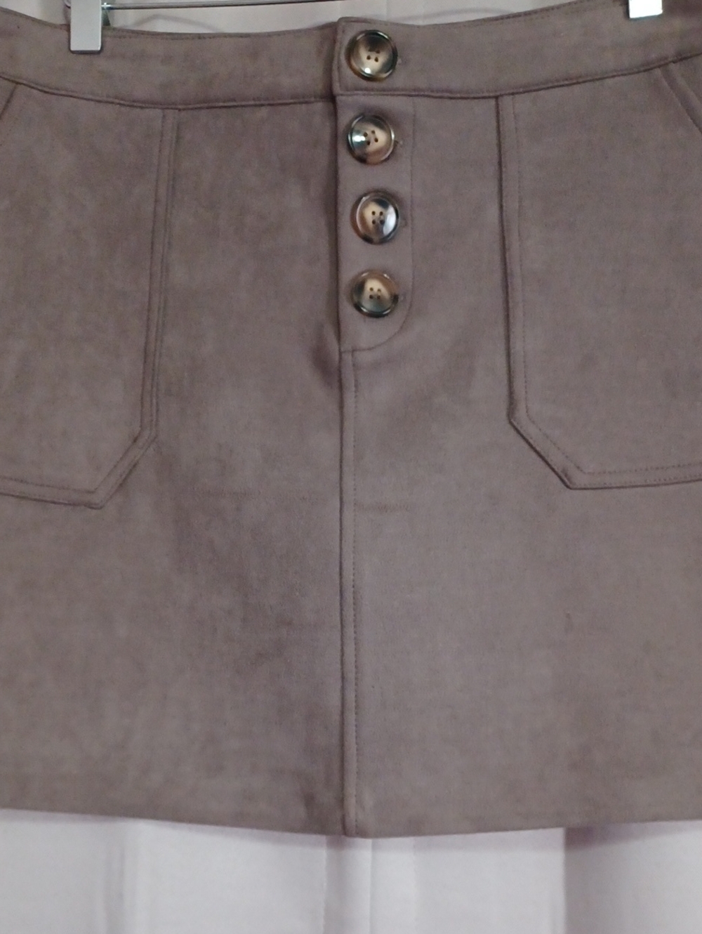 HYFVE Taupe Faux Suede A-Line Mini Skirt Button Closure Pockets High Waisted - Picture 6 of 16
